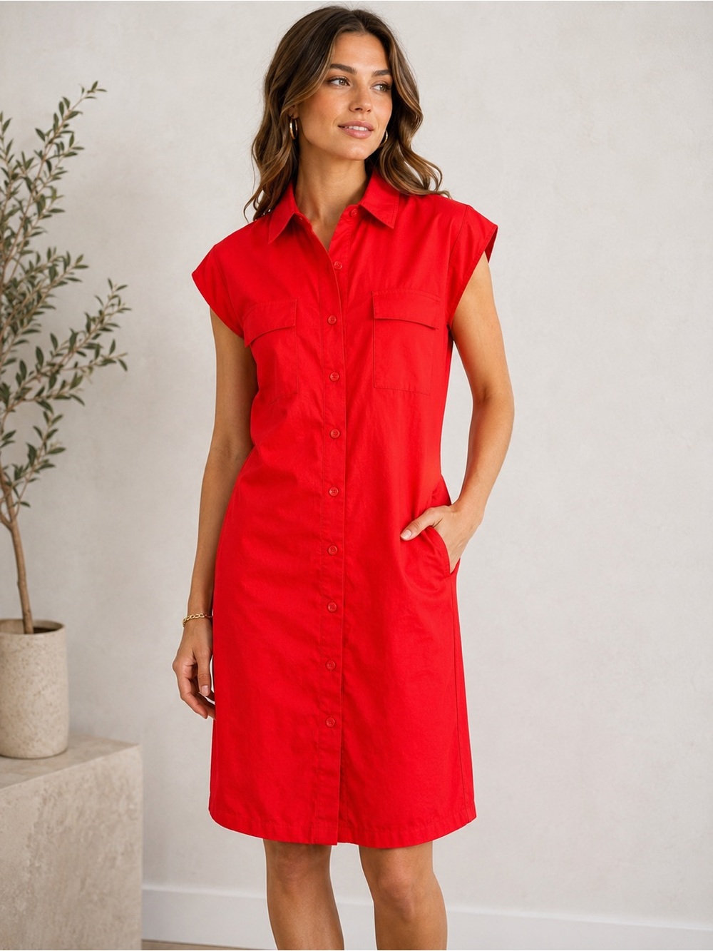 Donna Morgan Red Shirt Dress Size 10 Button Front Cap Sleeve Midi Career Dress